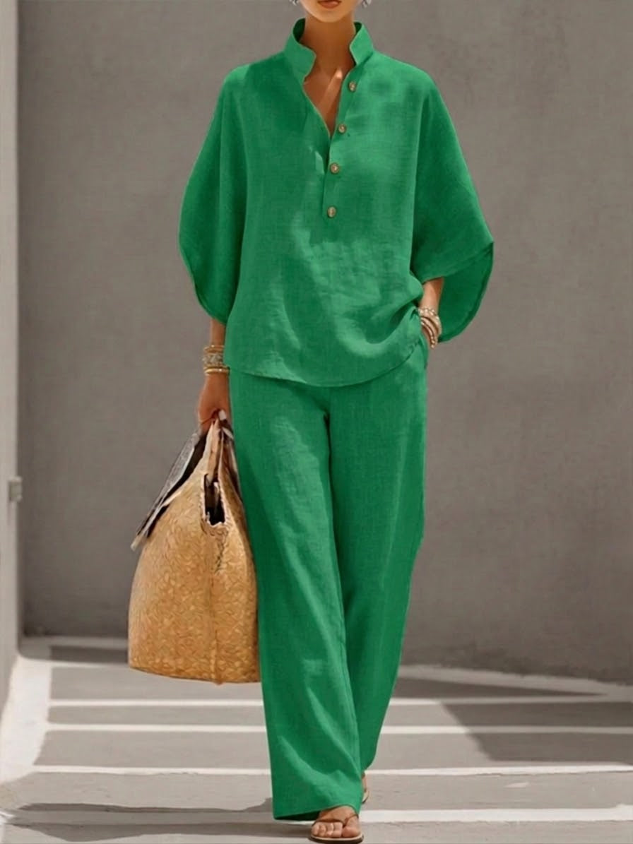 Mariela Batwing-Sleeve Two-Piece Linen-Look Set