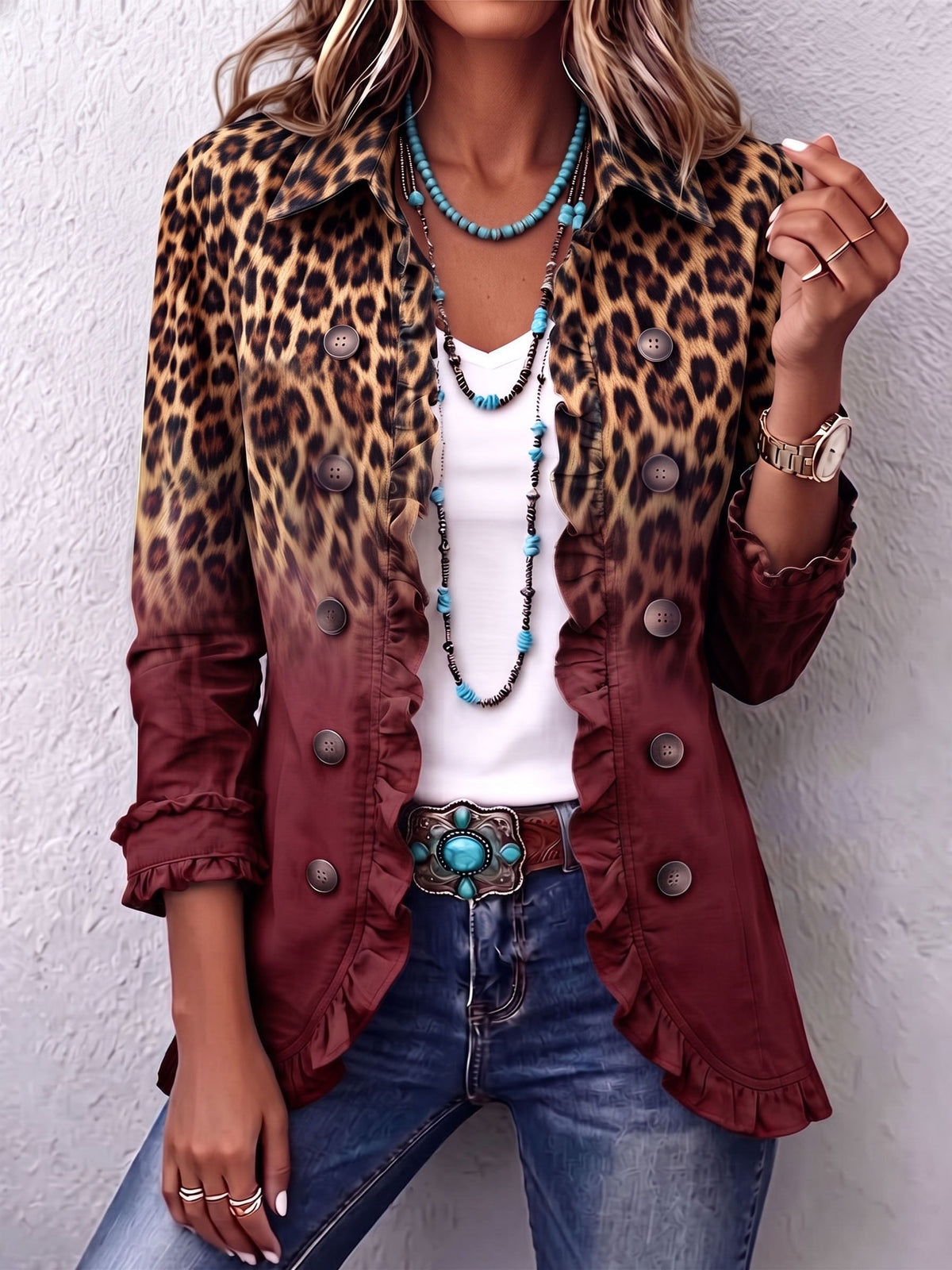 Faded Leopard Print Ruffle Blazer