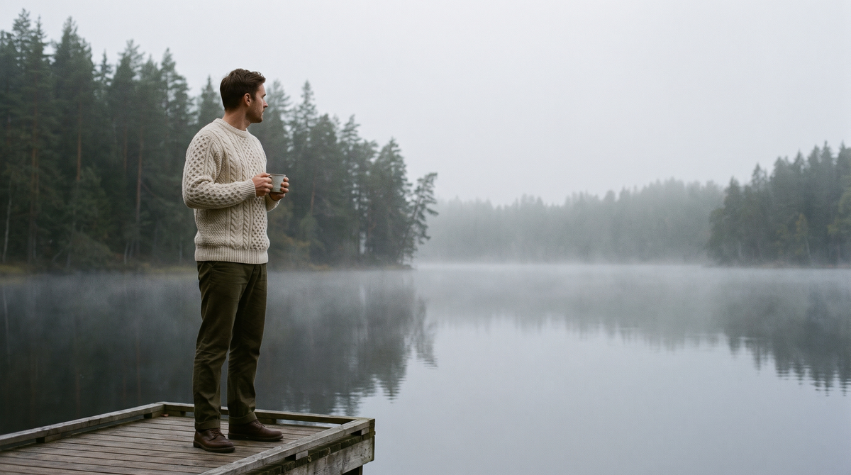 Man in a cream cable-knit sweater on a lake dock in the morning