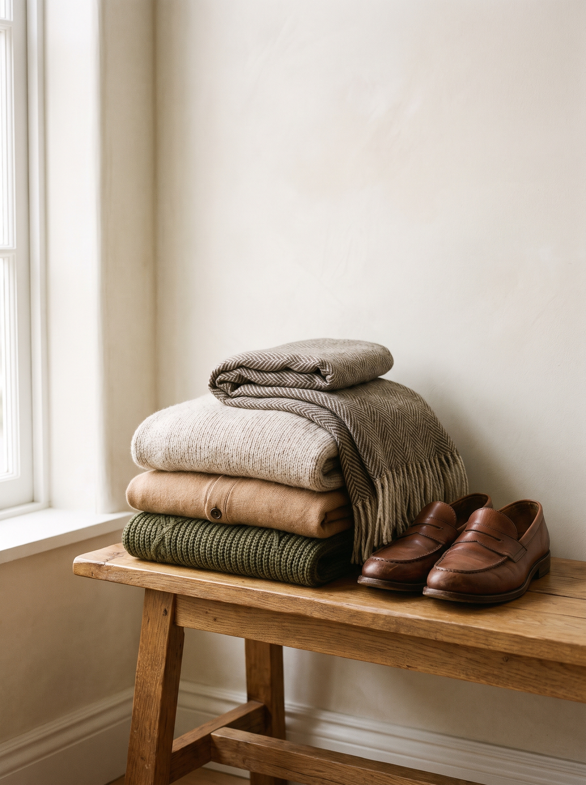 Folded men's knitwear, scarf and loafers on an oak bench
